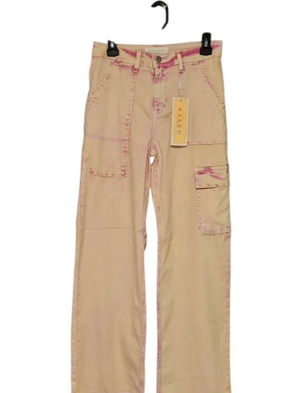 Risen Women's Sand Cargo Jeans with Acid Wash Pink Accent